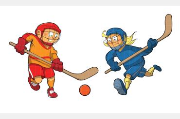 two cartoon children playing floor hockey